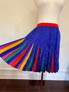 Vintage Escada Margaretha Ley Pleated Silk Skirt Rainbow Colourblock 80s EU 38